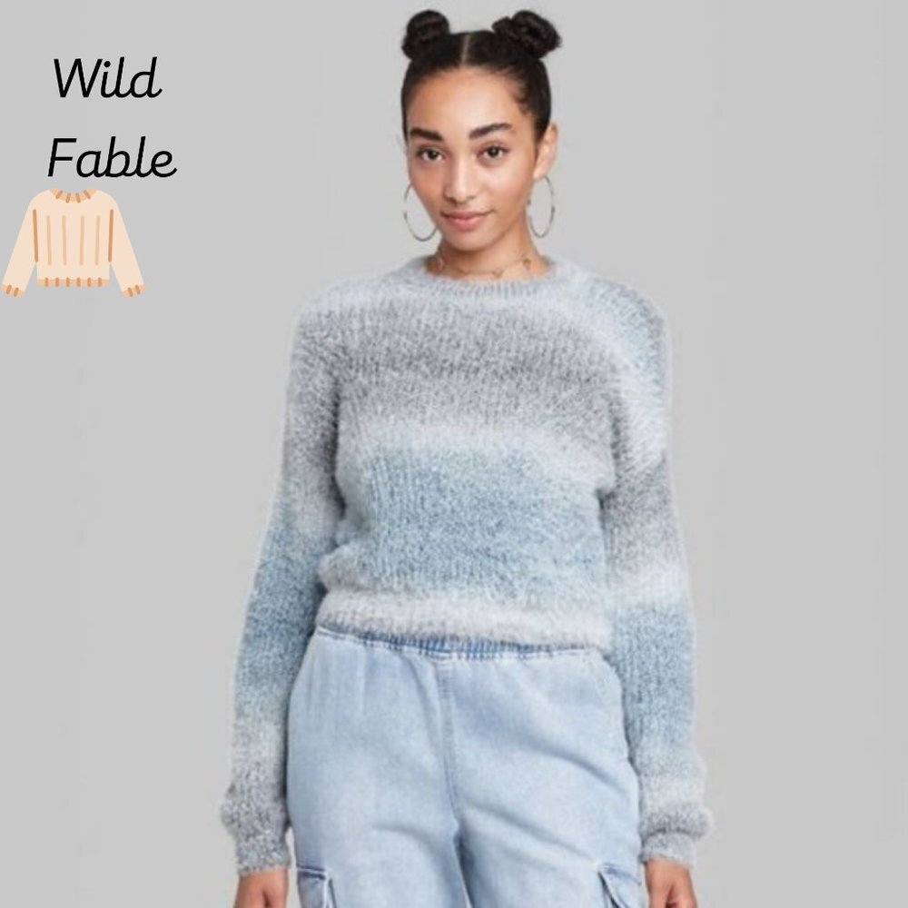 Wild Fable Sweater Fuzzy Pullover Cropped Spacedye Blue Knit Womens